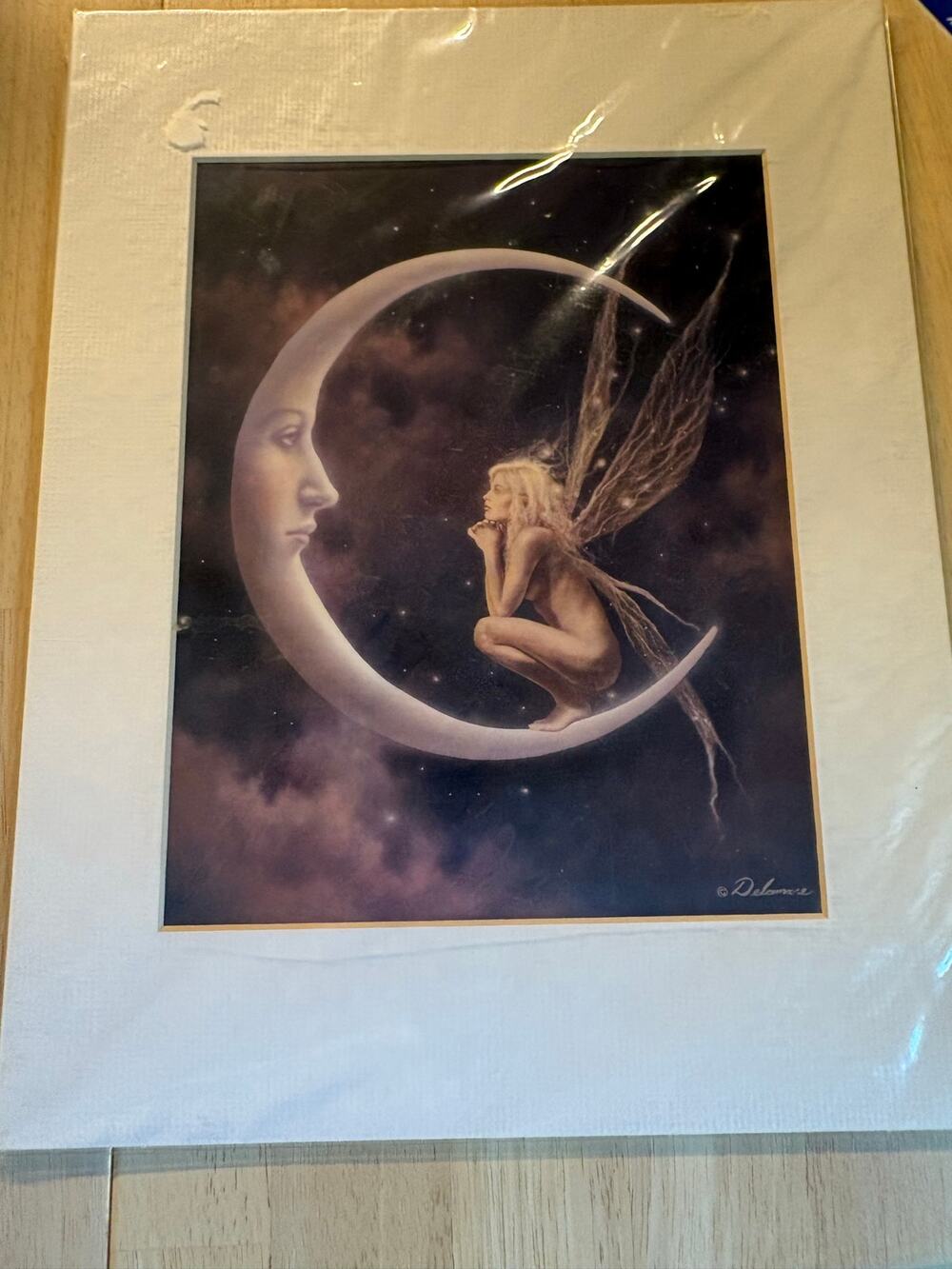 Vintage Delamare Fairy Crescent Moon Art Print Matted Celestial Whimsgoth Decor